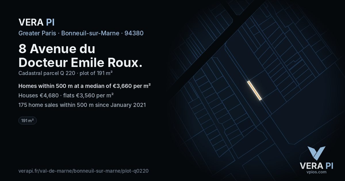 8 Avenue du Docteur Emile Roux, Bonneuil-sur-Marne at night – the plot lit, the parcels around coloured by the prices near them