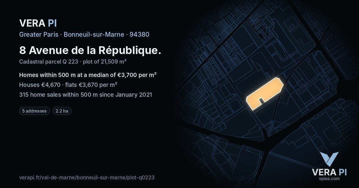 8 Avenue de la République, Bonneuil-sur-Marne at night – the plot lit, the parcels around coloured by the prices near them