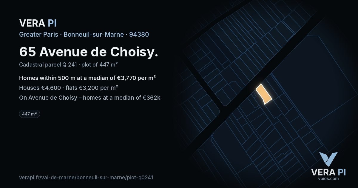 65 Avenue de Choisy, Bonneuil-sur-Marne at night – the plot lit, the parcels around coloured by the prices near them
