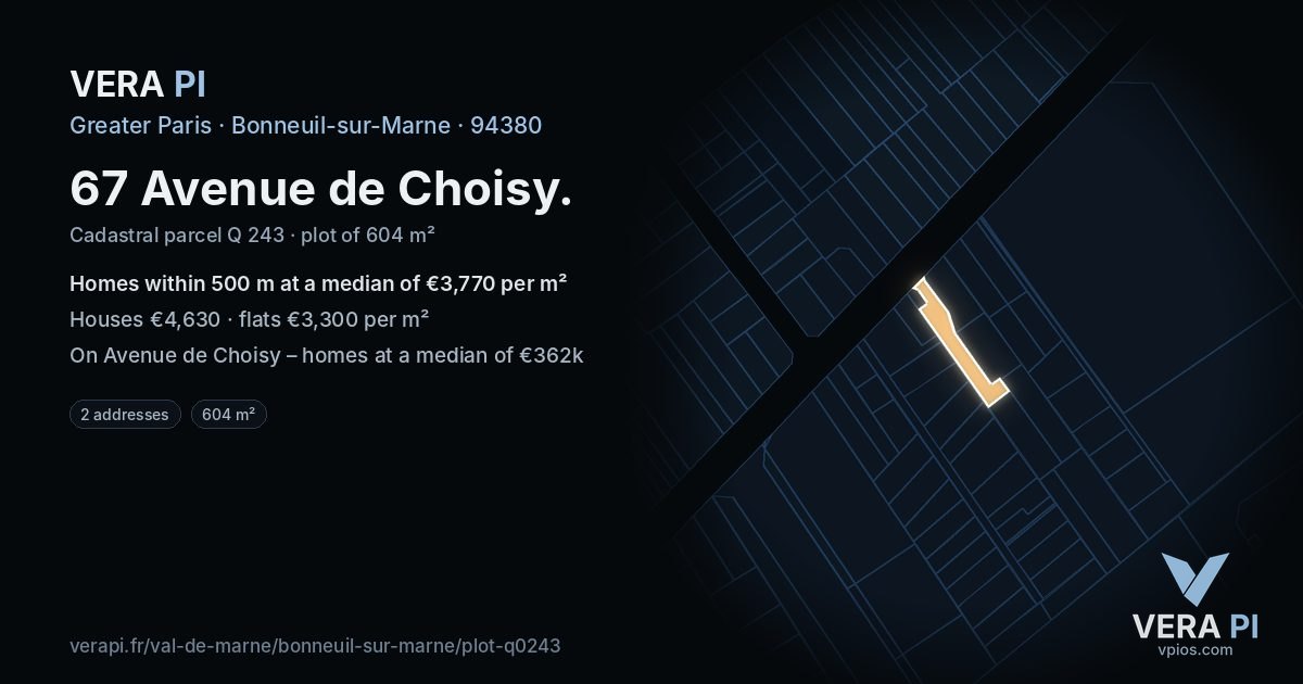 67 Avenue de Choisy, Bonneuil-sur-Marne at night – the plot lit, the parcels around coloured by the prices near them