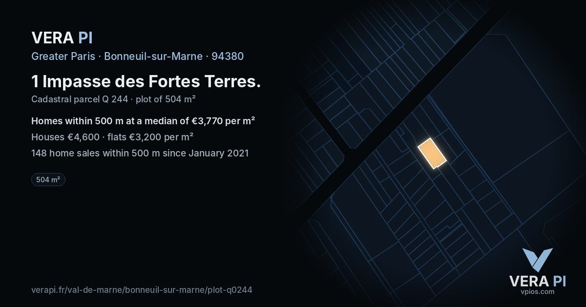 1 Impasse des Fortes Terres, Bonneuil-sur-Marne at night – the plot lit, the parcels around coloured by the prices near them