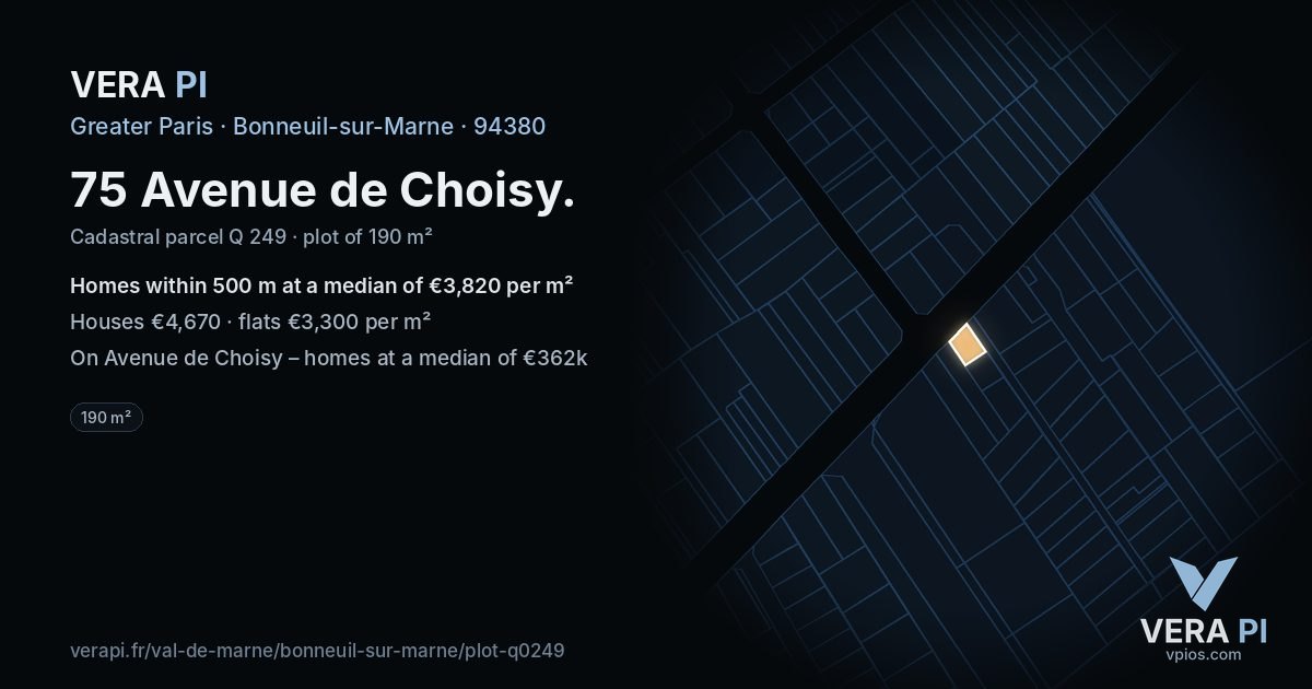 75 Avenue de Choisy, Bonneuil-sur-Marne at night – the plot lit, the parcels around coloured by the prices near them
