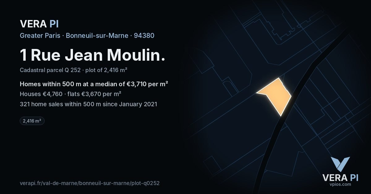 1 Rue Jean Moulin, Bonneuil-sur-Marne at night – the plot lit, the parcels around coloured by the prices near them