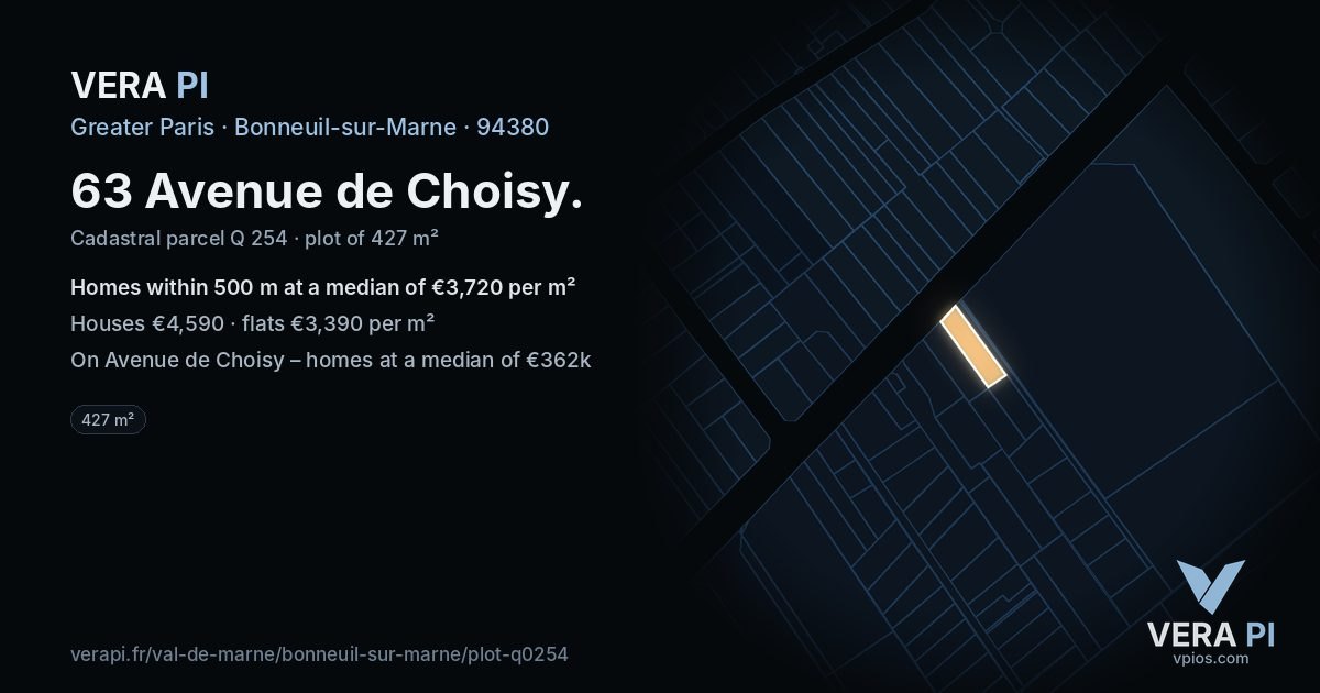 63 Avenue de Choisy, Bonneuil-sur-Marne at night – the plot lit, the parcels around coloured by the prices near them