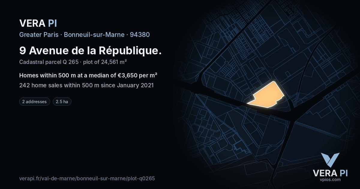 9 Avenue de la République, Bonneuil-sur-Marne at night – the plot lit, the parcels around coloured by the prices near them