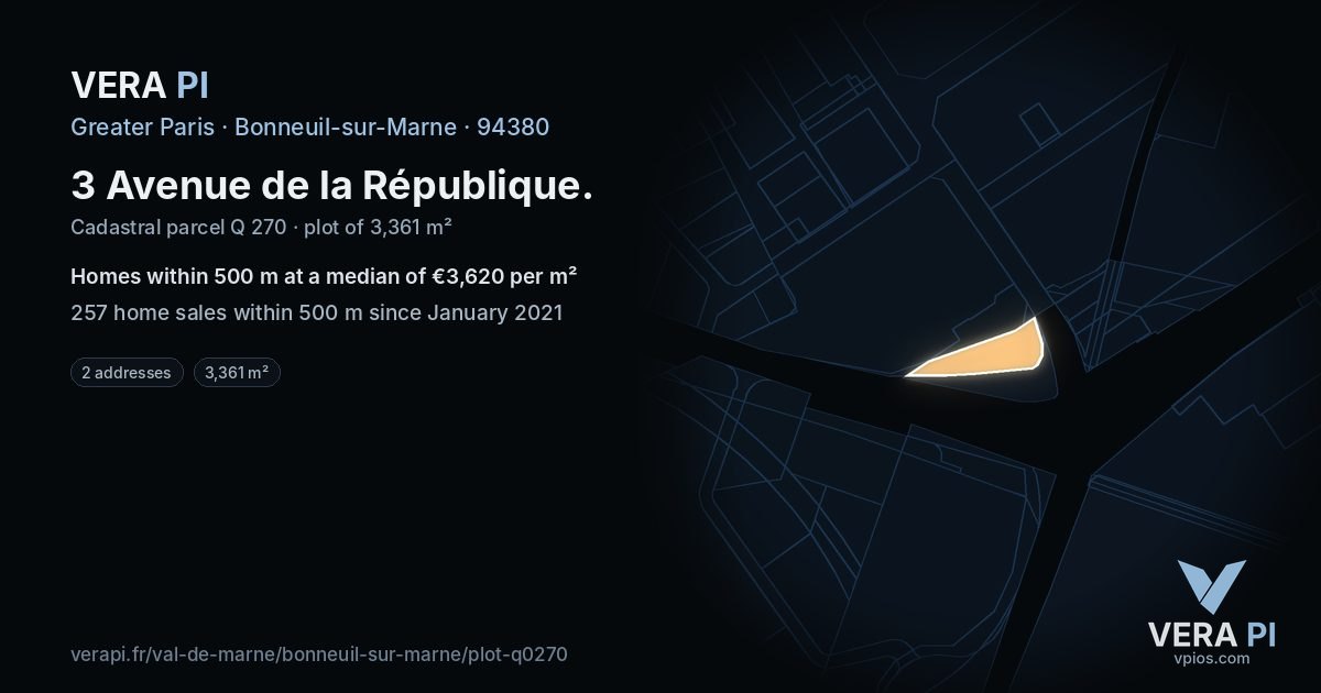 3 Avenue de la République, Bonneuil-sur-Marne at night – the plot lit, the parcels around coloured by the prices near them