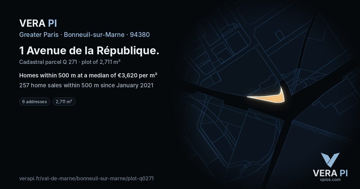 1 Avenue de la République, Bonneuil-sur-Marne at night – the plot lit, the parcels around coloured by the prices near them