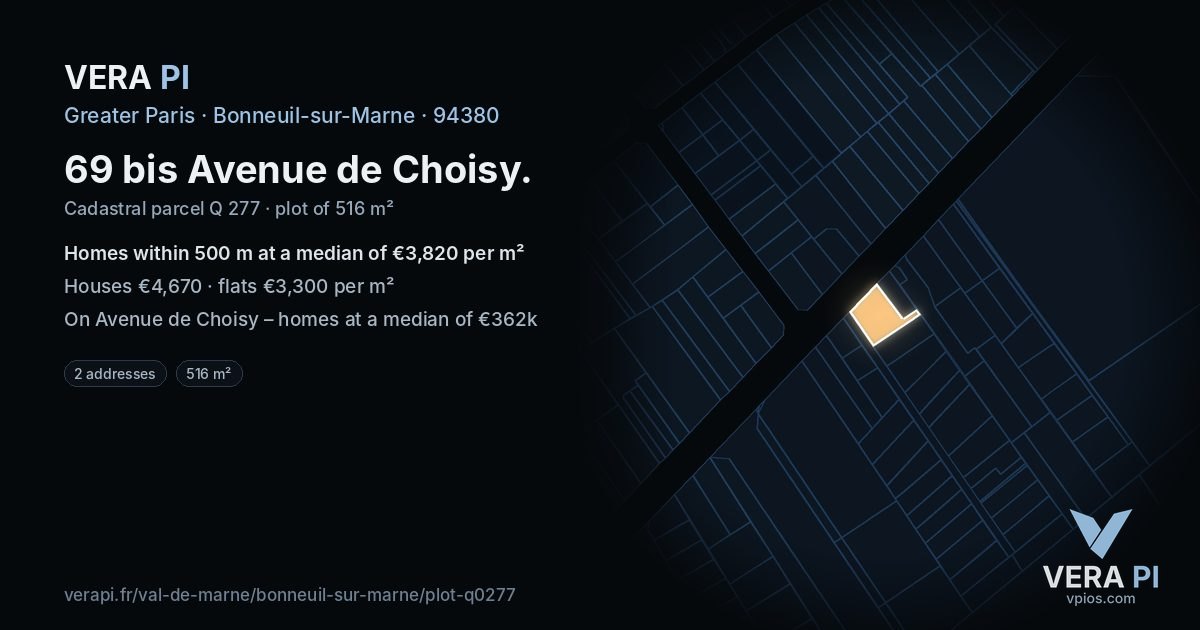 69 bis Avenue de Choisy, Bonneuil-sur-Marne at night – the plot lit, the parcels around coloured by the prices near them