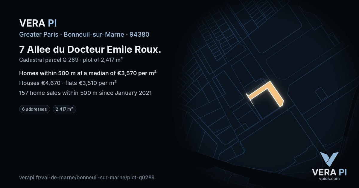 7 Allee du Docteur Emile Roux, Bonneuil-sur-Marne at night – the plot lit, the parcels around coloured by the prices near them