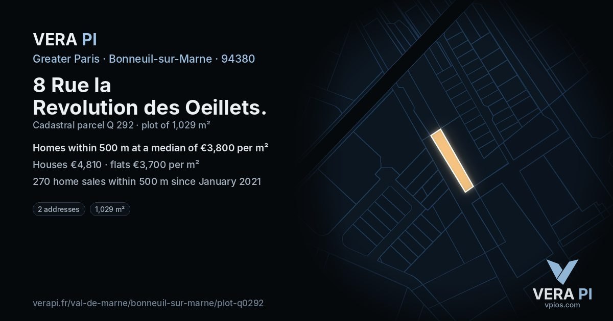 8 Rue la Revolution des Oeillets, Bonneuil-sur-Marne at night – the plot lit, the parcels around coloured by the prices near them