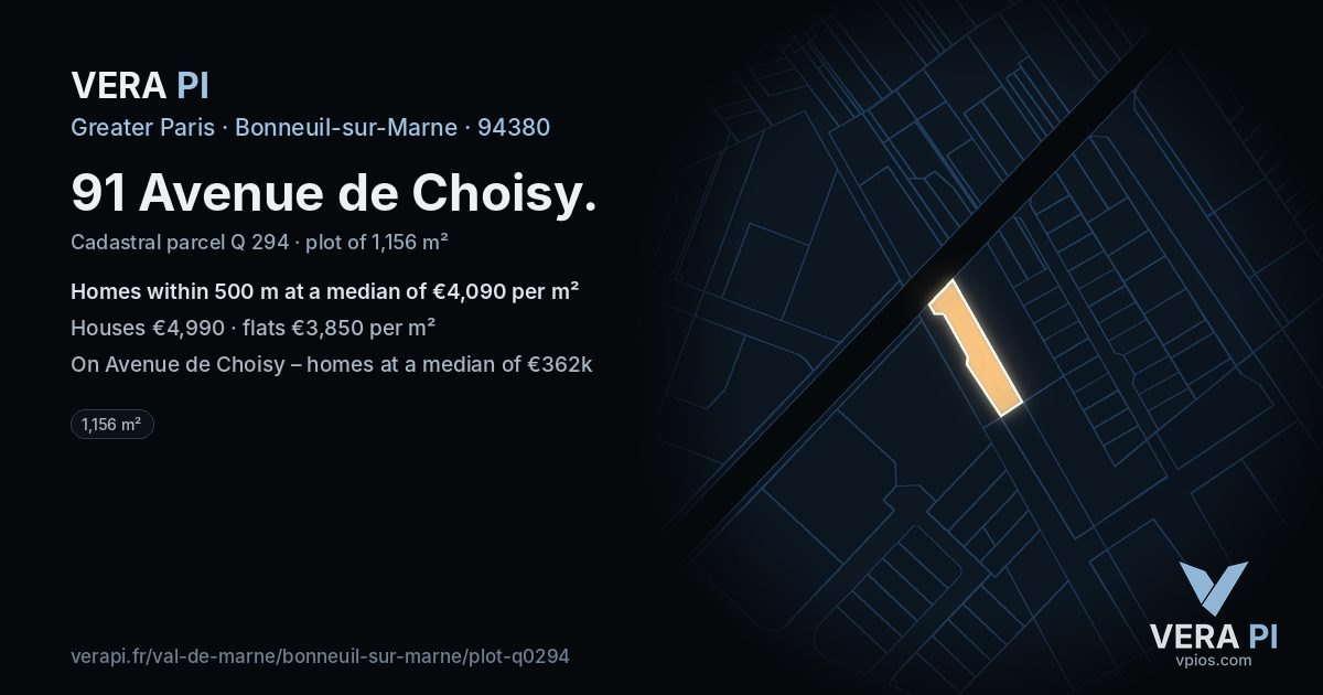 91 Avenue de Choisy, Bonneuil-sur-Marne at night – the plot lit, the parcels around coloured by the prices near them