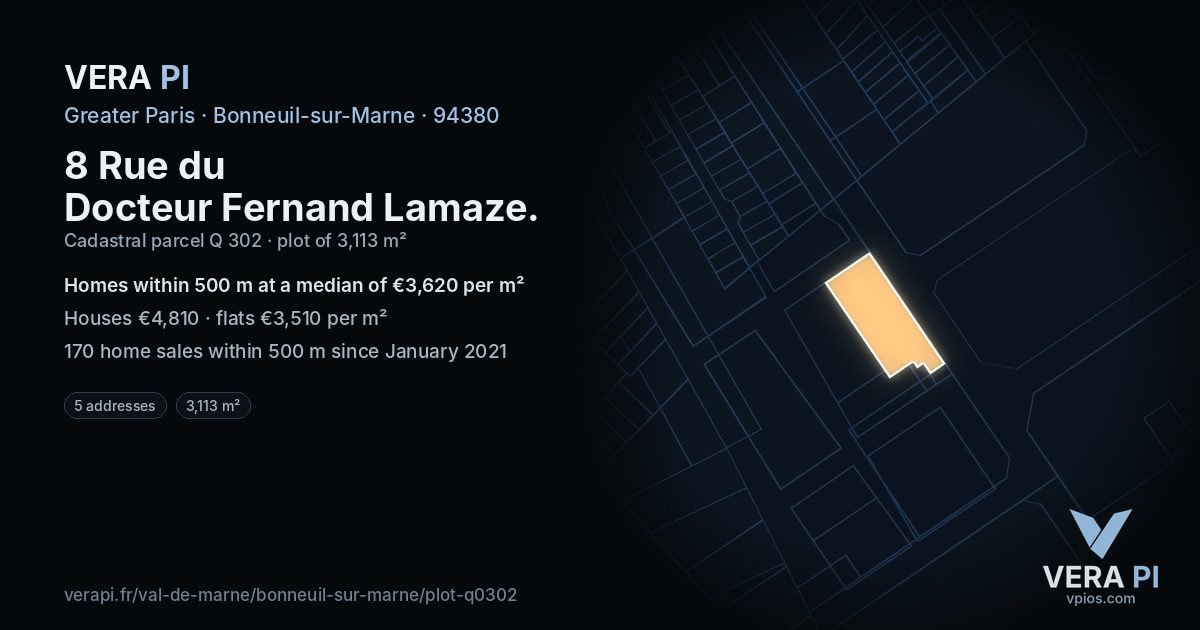8 Rue du Docteur Fernand Lamaze, Bonneuil-sur-Marne at night – the plot lit, the parcels around coloured by the prices near them