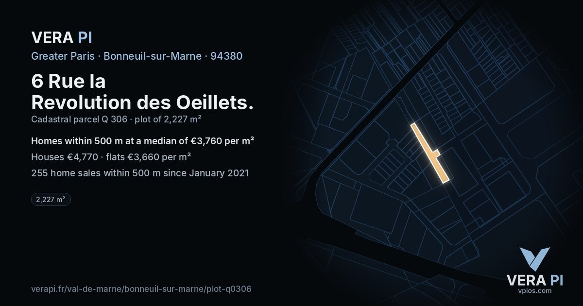 6 Rue la Revolution des Oeillets, Bonneuil-sur-Marne at night – the plot lit, the parcels around coloured by the prices near them