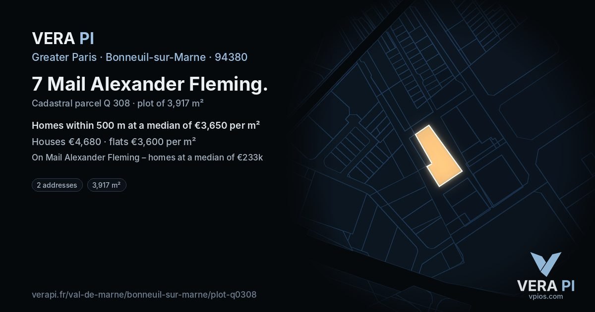 7 Mail Alexander Fleming, Bonneuil-sur-Marne at night – the plot lit, the parcels around coloured by the prices near them