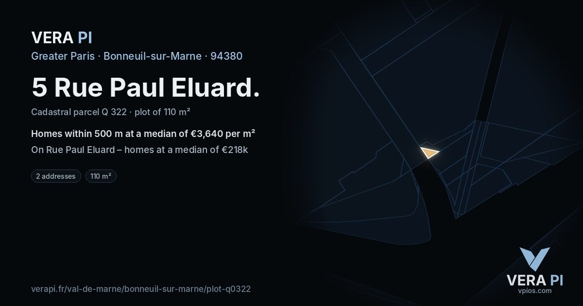 5 Rue Paul Eluard, Bonneuil-sur-Marne at night – the plot lit, the parcels around coloured by the prices near them