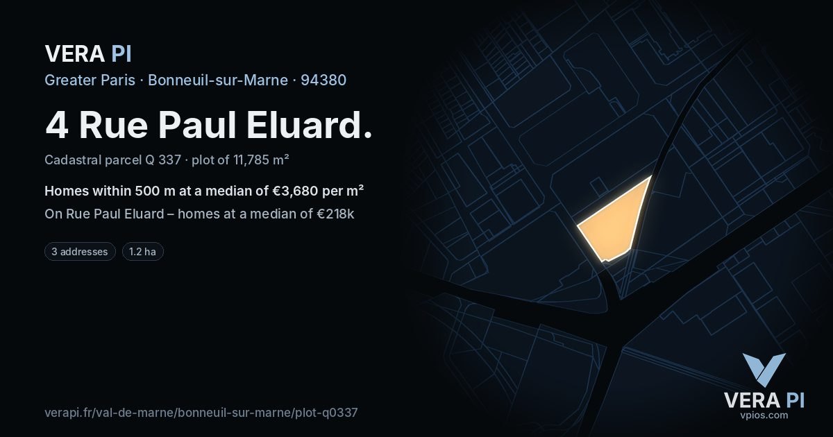 4 Rue Paul Eluard, Bonneuil-sur-Marne at night – the plot lit, the parcels around coloured by the prices near them