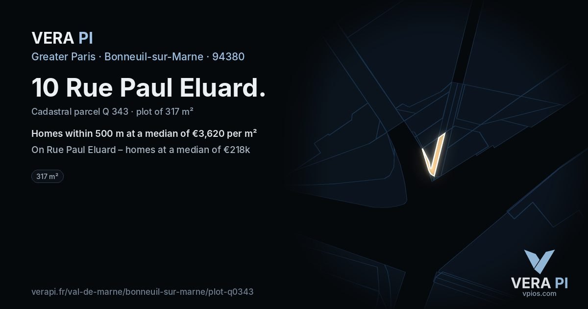 10 Rue Paul Eluard, Bonneuil-sur-Marne at night – the plot lit, the parcels around coloured by the prices near them