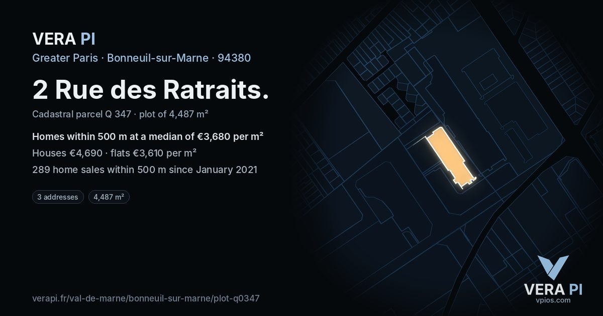 2 Rue des Ratraits, Bonneuil-sur-Marne at night – the plot lit, the parcels around coloured by the prices near them