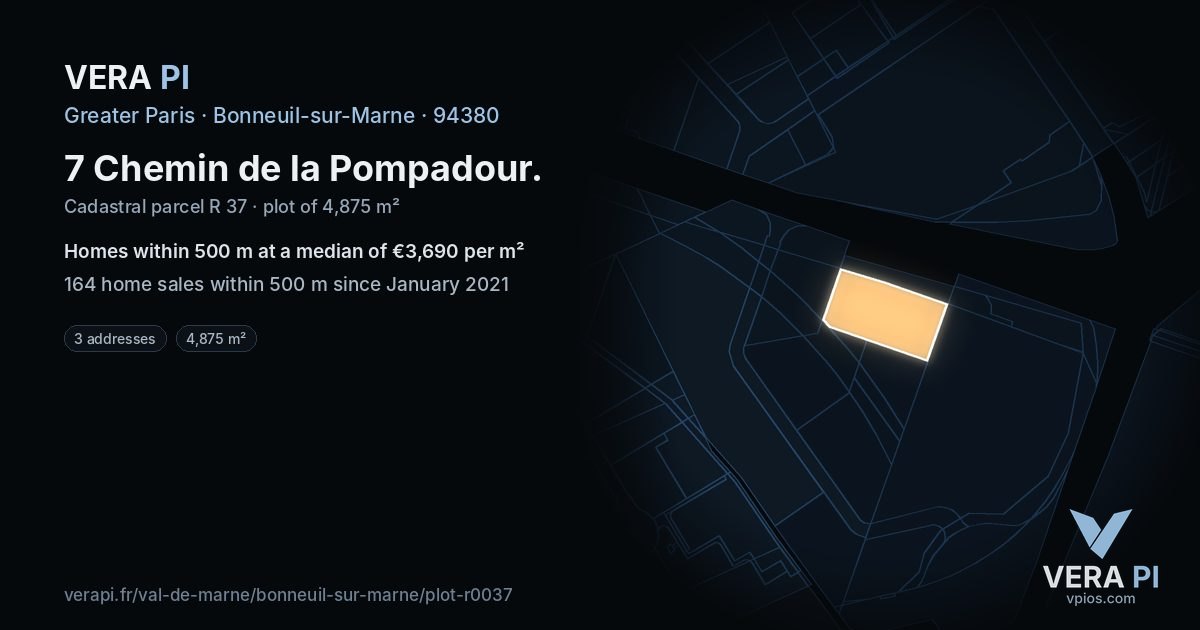 7 Chemin de la Pompadour, Bonneuil-sur-Marne at night – the plot lit, the parcels around coloured by the prices near them