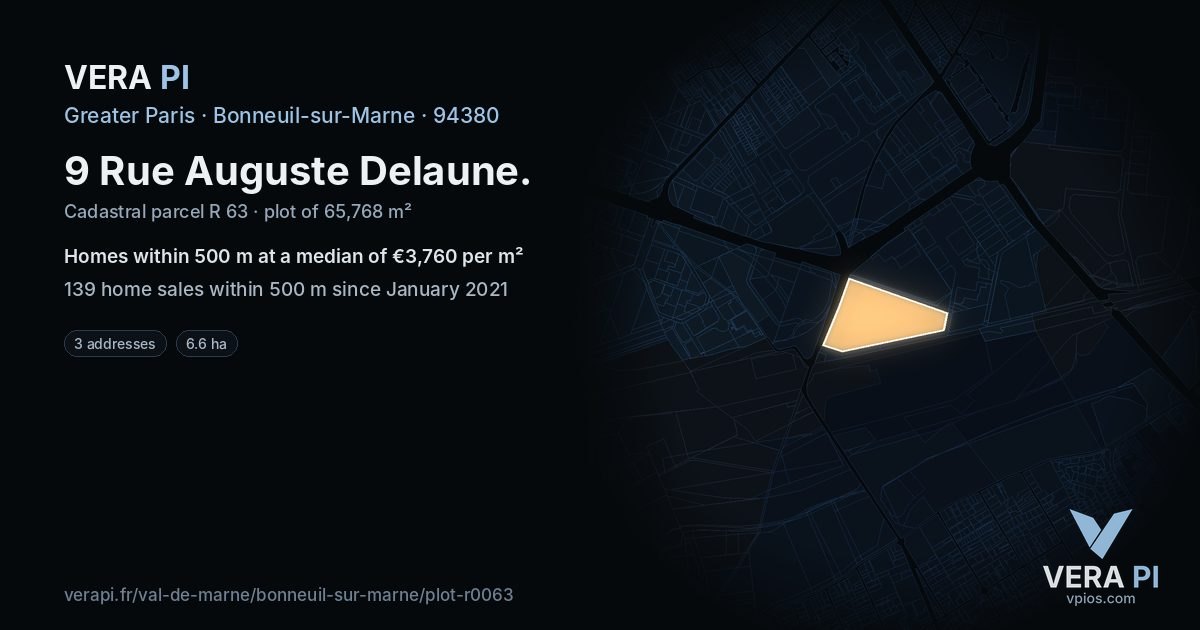 9 Rue Auguste Delaune, Bonneuil-sur-Marne at night – the plot lit, the parcels around coloured by the prices near them
