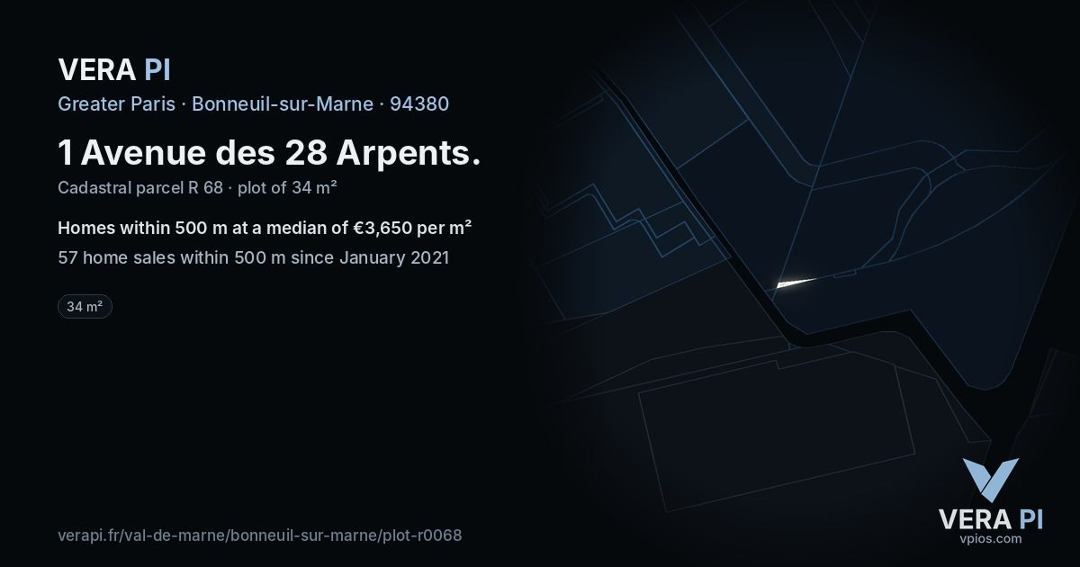 1 Avenue des 28 Arpents, Bonneuil-sur-Marne at night – the plot lit, the parcels around coloured by the prices near them