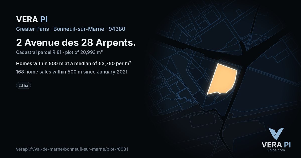 2 Avenue des 28 Arpents, Bonneuil-sur-Marne at night – the plot lit, the parcels around coloured by the prices near them