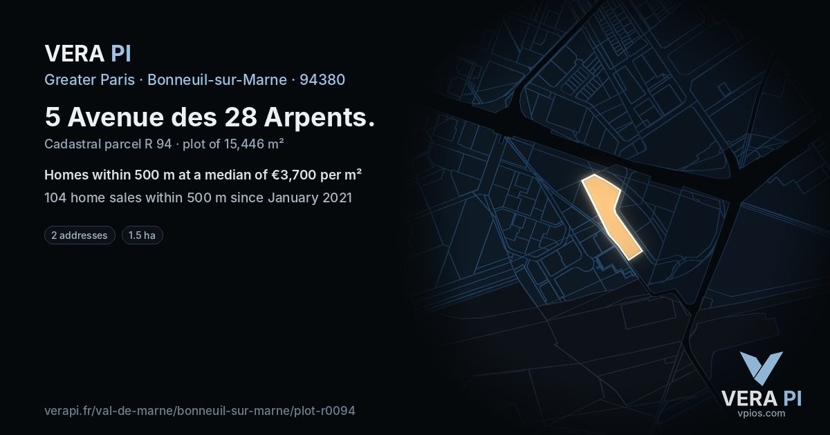 5 Avenue des 28 Arpents, Bonneuil-sur-Marne at night – the plot lit, the parcels around coloured by the prices near them