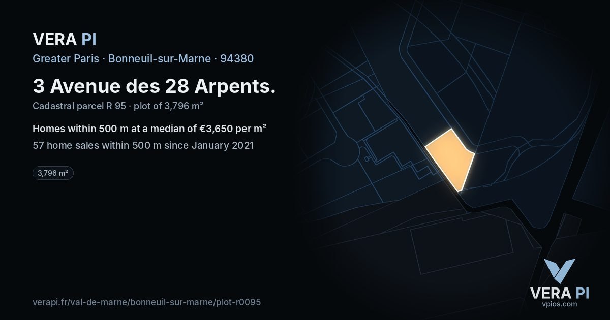 3 Avenue des 28 Arpents, Bonneuil-sur-Marne at night – the plot lit, the parcels around coloured by the prices near them