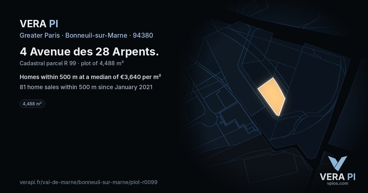4 Avenue des 28 Arpents, Bonneuil-sur-Marne at night – the plot lit, the parcels around coloured by the prices near them