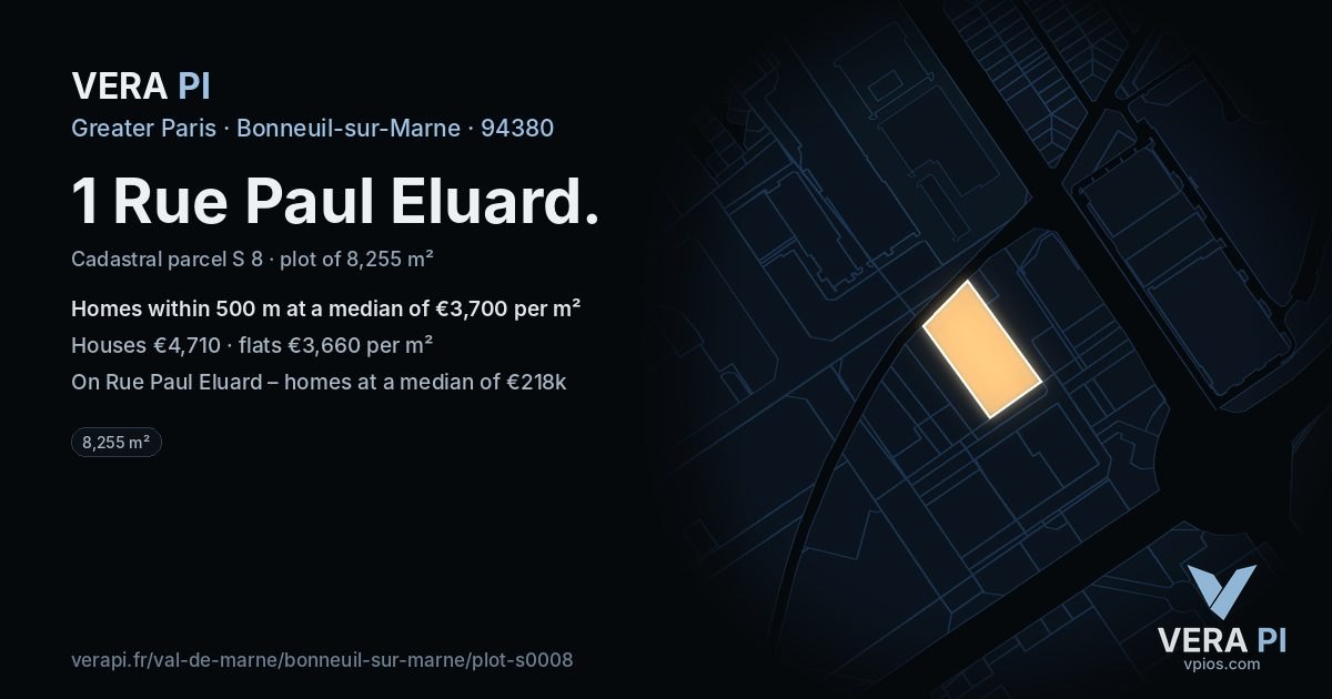 1 Rue Paul Eluard, Bonneuil-sur-Marne at night – the plot lit, the parcels around coloured by the prices near them