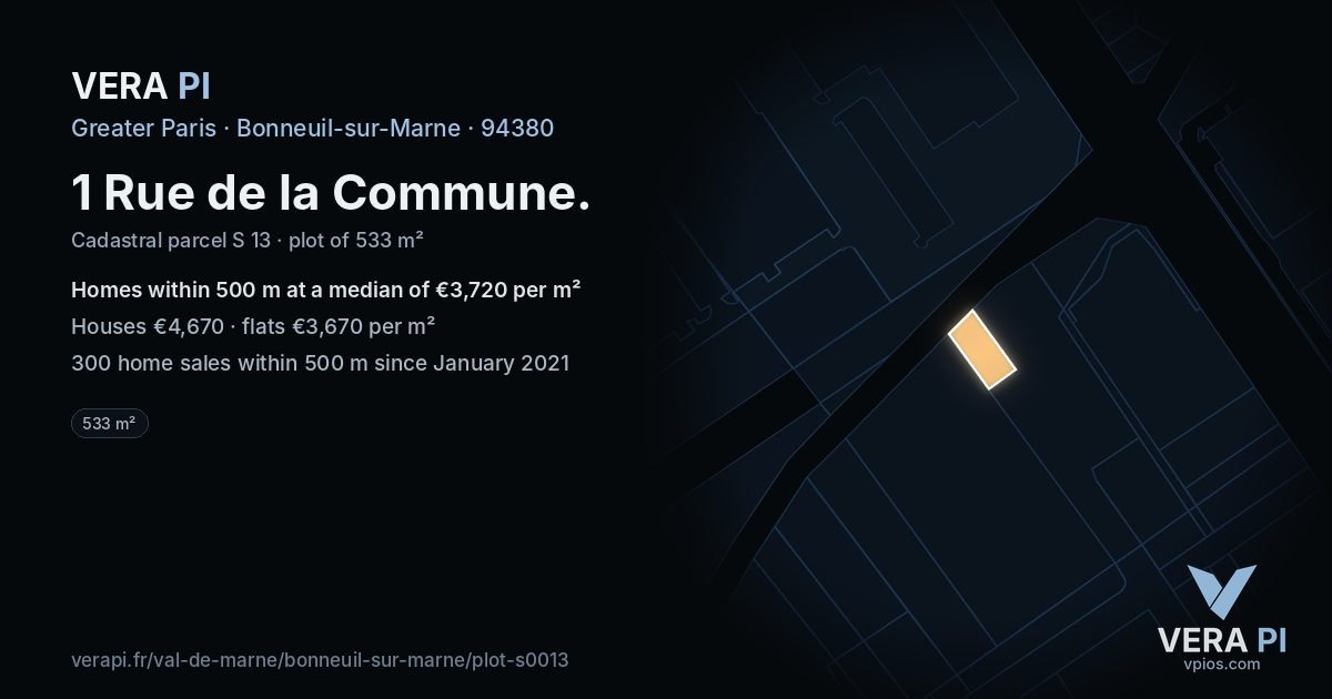 1 Rue de la Commune, Bonneuil-sur-Marne at night – the plot lit, the parcels around coloured by the prices near them