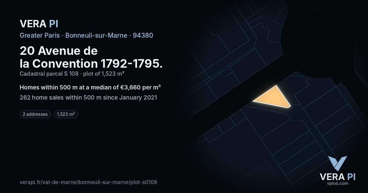 20 Avenue de la Convention 1792-1795, Bonneuil-sur-Marne at night – the plot lit, the parcels around coloured by the prices near them