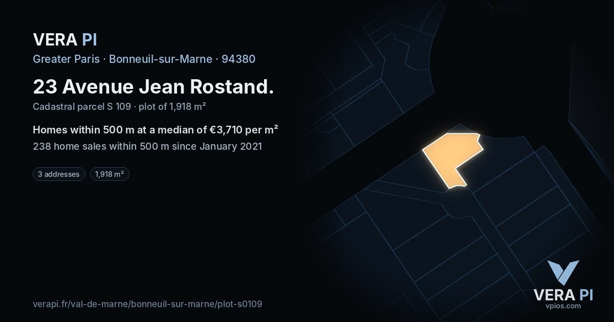 23 Avenue Jean Rostand, Bonneuil-sur-Marne at night – the plot lit, the parcels around coloured by the prices near them