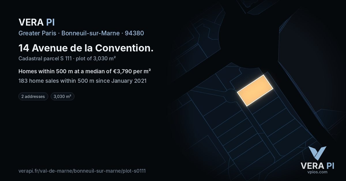 14 Avenue de la Convention, Bonneuil-sur-Marne at night – the plot lit, the parcels around coloured by the prices near them