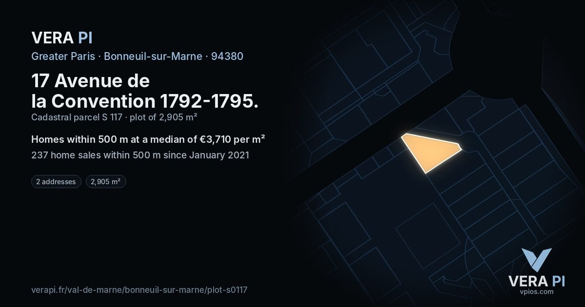 17 Avenue de la Convention 1792-1795, Bonneuil-sur-Marne at night – the plot lit, the parcels around coloured by the prices near them