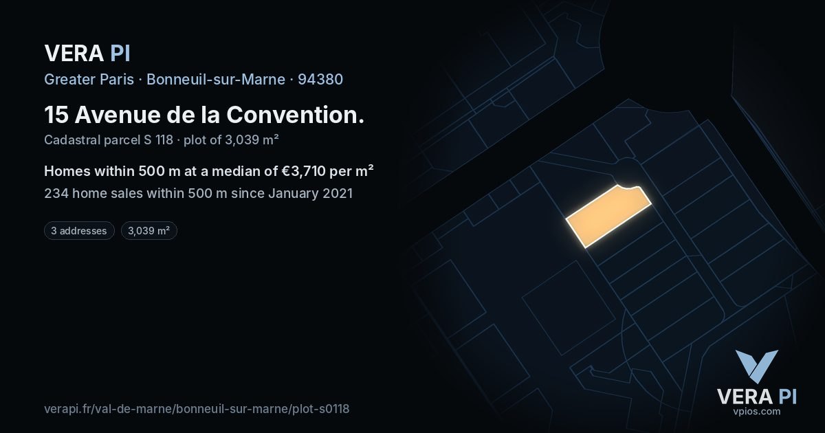 15 Avenue de la Convention, Bonneuil-sur-Marne at night – the plot lit, the parcels around coloured by the prices near them