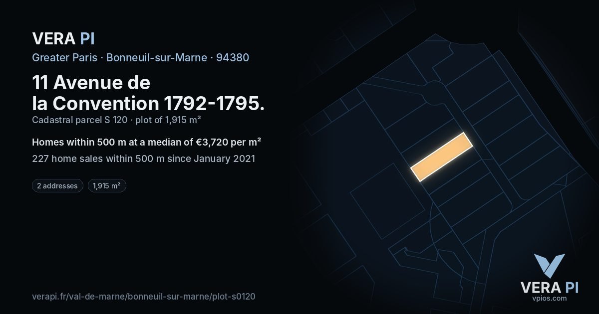 11 Avenue de la Convention 1792-1795, Bonneuil-sur-Marne at night – the plot lit, the parcels around coloured by the prices near them