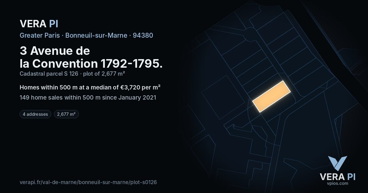 3 Avenue de la Convention 1792-1795, Bonneuil-sur-Marne at night – the plot lit, the parcels around coloured by the prices near them
