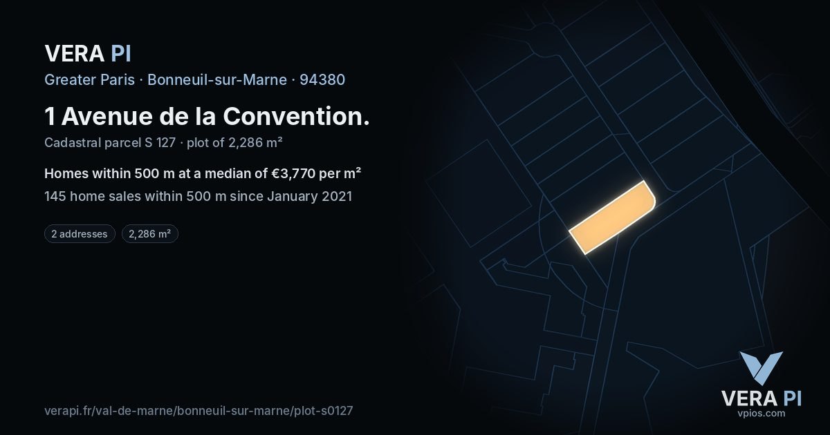 1 Avenue de la Convention, Bonneuil-sur-Marne at night – the plot lit, the parcels around coloured by the prices near them