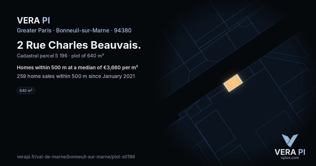 2 Rue Charles Beauvais, Bonneuil-sur-Marne at night – the plot lit, the parcels around coloured by the prices near them