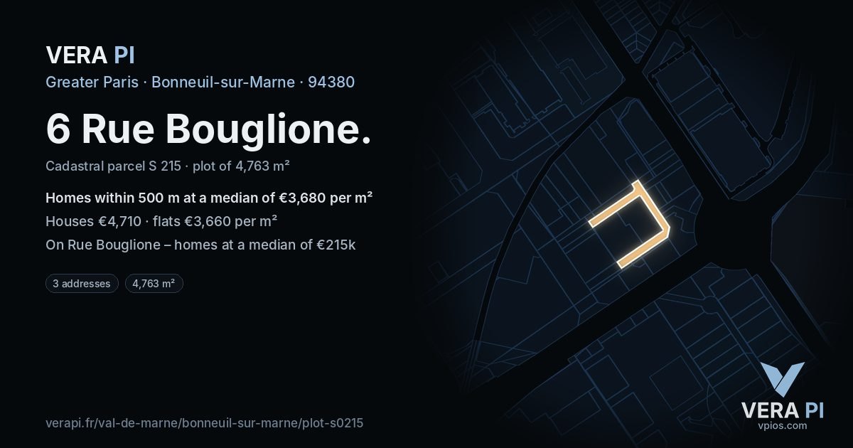 6 Rue Bouglione, Bonneuil-sur-Marne at night – the plot lit, the parcels around coloured by the prices near them