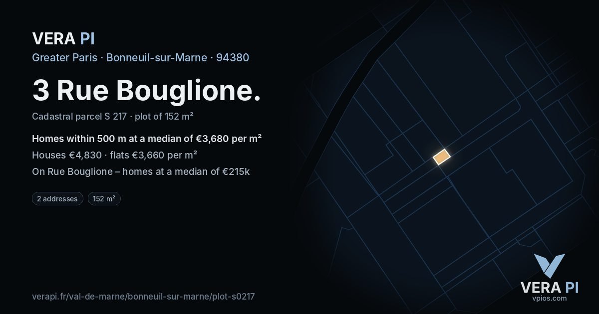 3 Rue Bouglione, Bonneuil-sur-Marne at night – the plot lit, the parcels around coloured by the prices near them