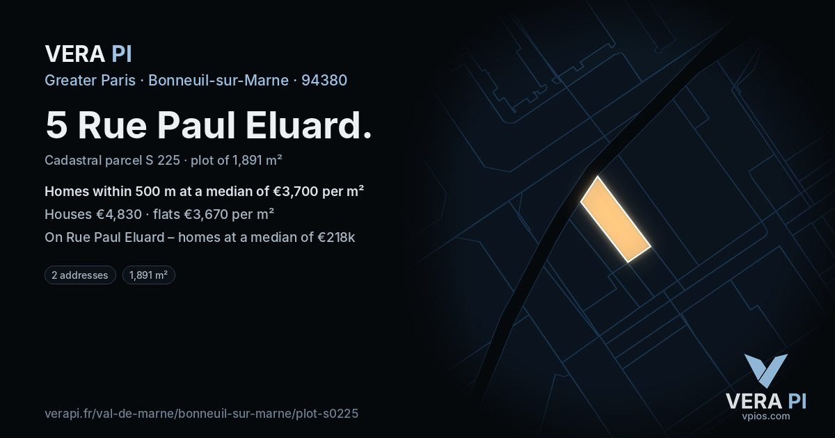 5 Rue Paul Eluard, Bonneuil-sur-Marne at night – the plot lit, the parcels around coloured by the prices near them