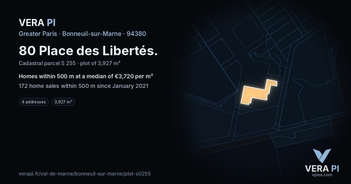 80 Place des Libertés, Bonneuil-sur-Marne at night – the plot lit, the parcels around coloured by the prices near them