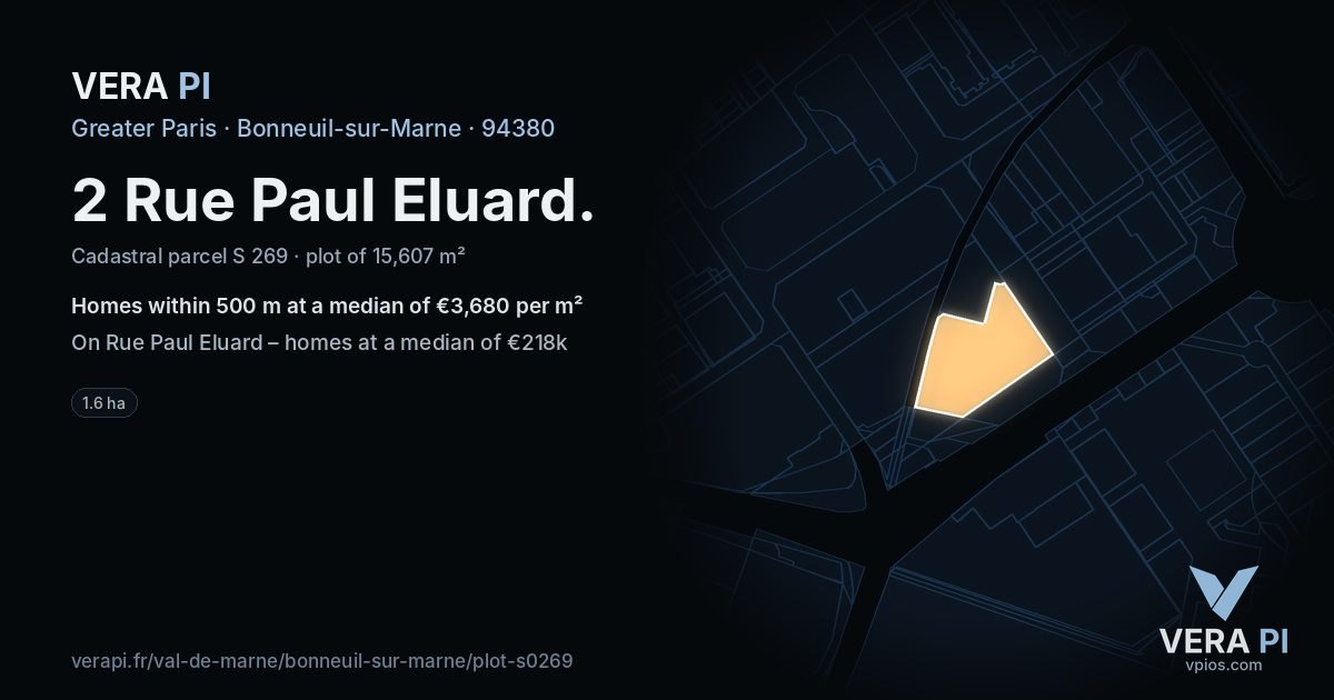 2 Rue Paul Eluard, Bonneuil-sur-Marne at night – the plot lit, the parcels around coloured by the prices near them