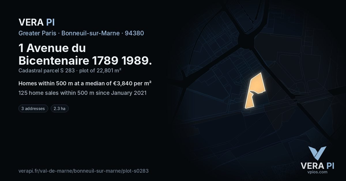 1 Avenue du Bicentenaire 1789 1989, Bonneuil-sur-Marne at night – the plot lit, the parcels around coloured by the prices near them