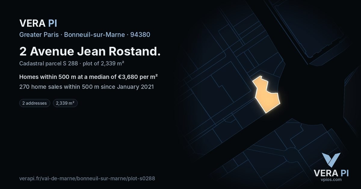 2 Avenue Jean Rostand, Bonneuil-sur-Marne at night – the plot lit, the parcels around coloured by the prices near them