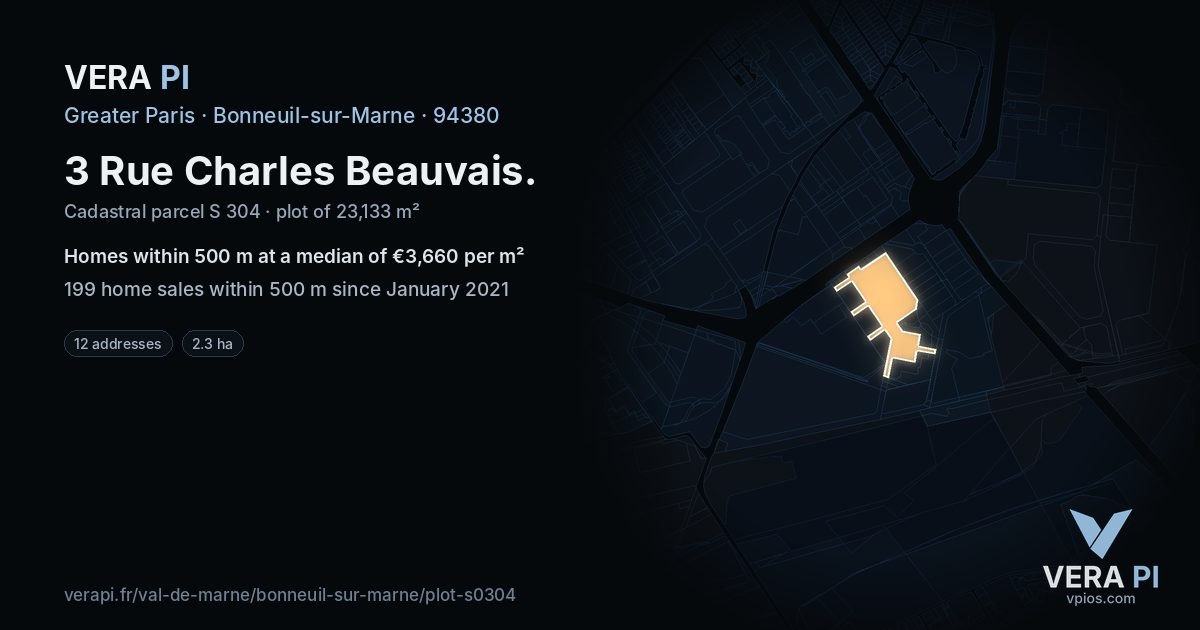 3 Rue Charles Beauvais, Bonneuil-sur-Marne at night – the plot lit, the parcels around coloured by the prices near them