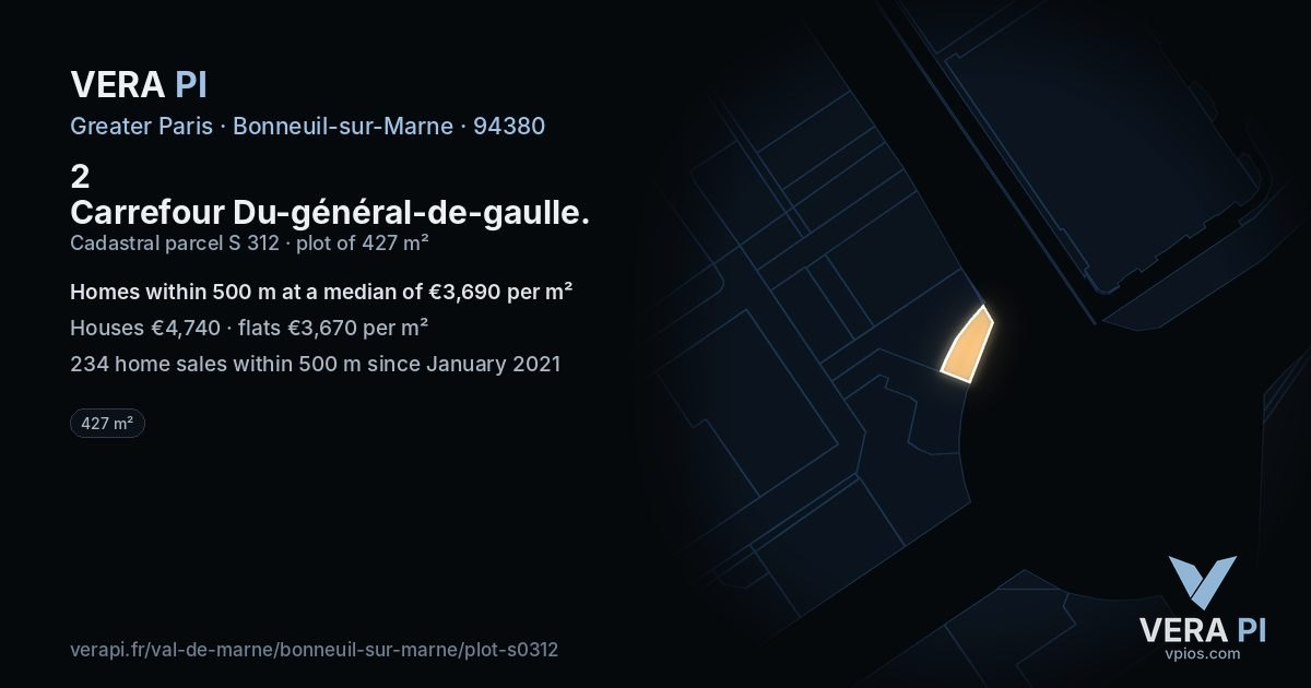 2 Carrefour Du-général-de-gaulle, Bonneuil-sur-Marne at night – the plot lit, the parcels around coloured by the prices near them