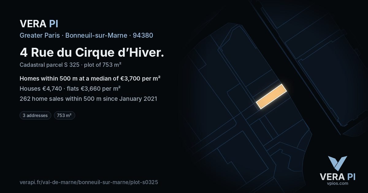 4 Rue du Cirque d’Hiver, Bonneuil-sur-Marne at night – the plot lit, the parcels around coloured by the prices near them